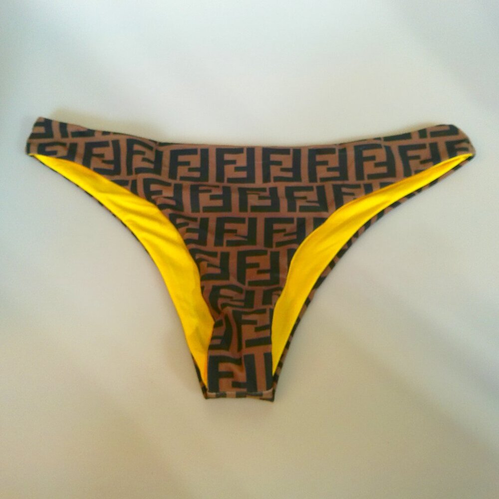 Fendi FF Logo Monogram Bikini Bottoms XL Brown Yellow Logo Italy